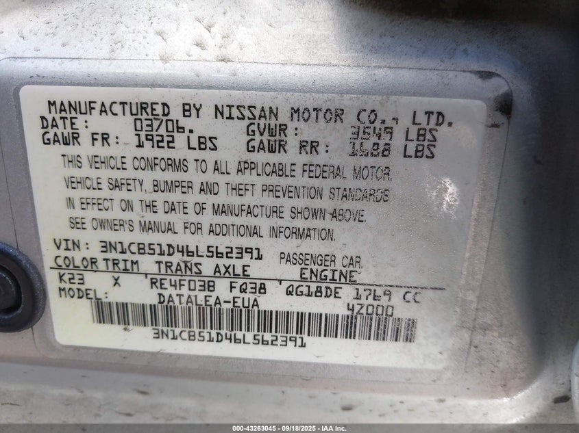3N1CB51D46L562391 2006 NISSAN SENTRA photo no. 9