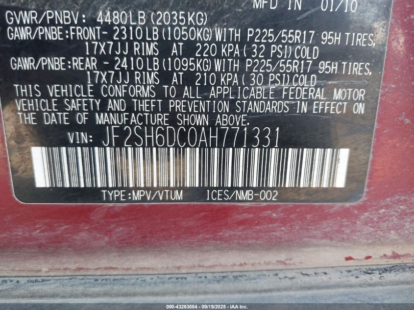 2010 Subaru Forester 2.5X Limited VIN: JF2SH6DC0AH771331 Lot: 43263084