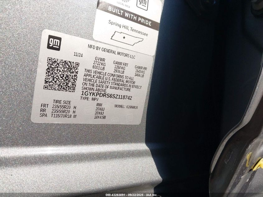 2025 Cadillac Xt6 Awd Premium Luxury VIN: 1GYKPDRS6SZ118742 Lot: 43263091