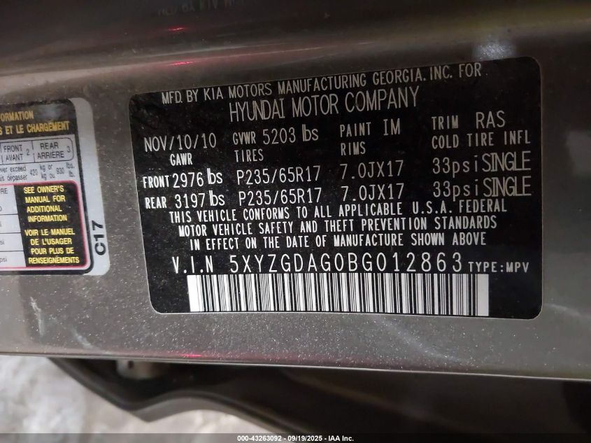 2011 Hyundai Santa Fe Gls V6 VIN: 5XYZGDAG0BG012863 Lot: 43263092