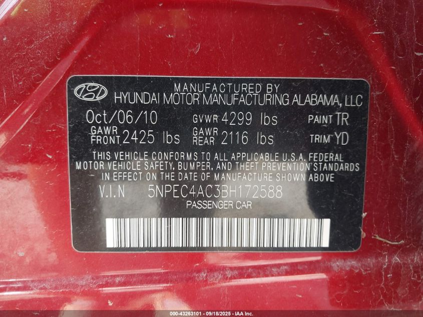 2011 Hyundai Sonata Limited VIN: 5NPEC4AC3BH172588 Lot: 43263101