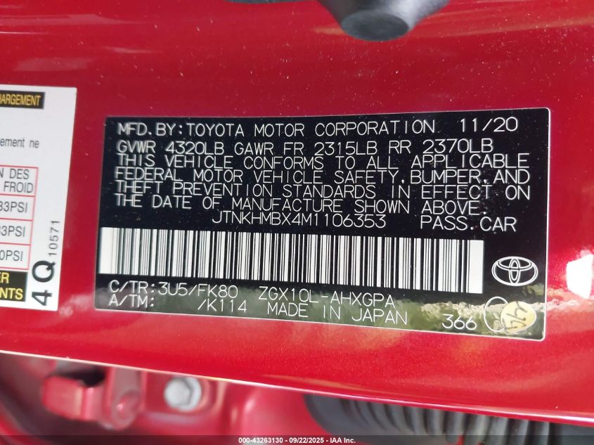 2021 Toyota C-Hr Xle VIN: JTNKHMBX4M1106353 Lot: 43263130