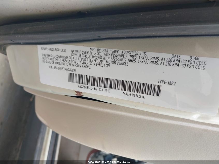 2006 Subaru Outback 2.5I Limited VIN: 4S4BP62C367339992 Lot: 43263138