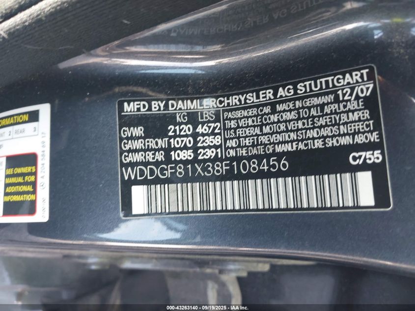 2008 Mercedes-Benz C 300 Luxury 4Matic/Sport 4Matic VIN: WDDGF81X38F108456 Lot: 43263140