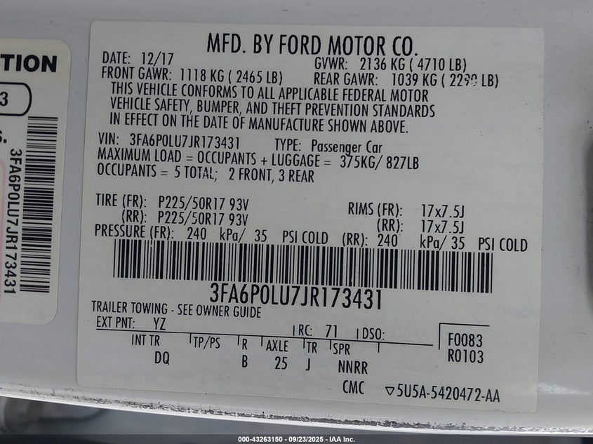 2018 Ford Fusion Hybrid Se VIN: 3FA6P0LU7JR173431 Lot: 43263150