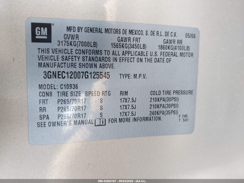2007 Chevrolet Avalanche 1500 Lt VIN: 3GNEC12007G125545 Lot: 43263167