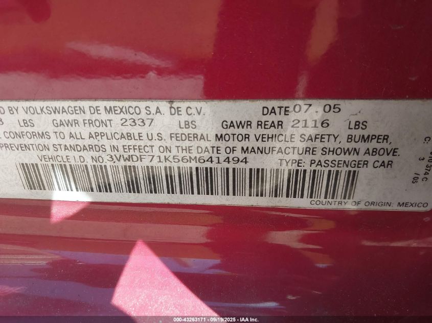 2006 Volkswagen Jetta 2.5 VIN: 3VWDF71K56M641494 Lot: 43263171