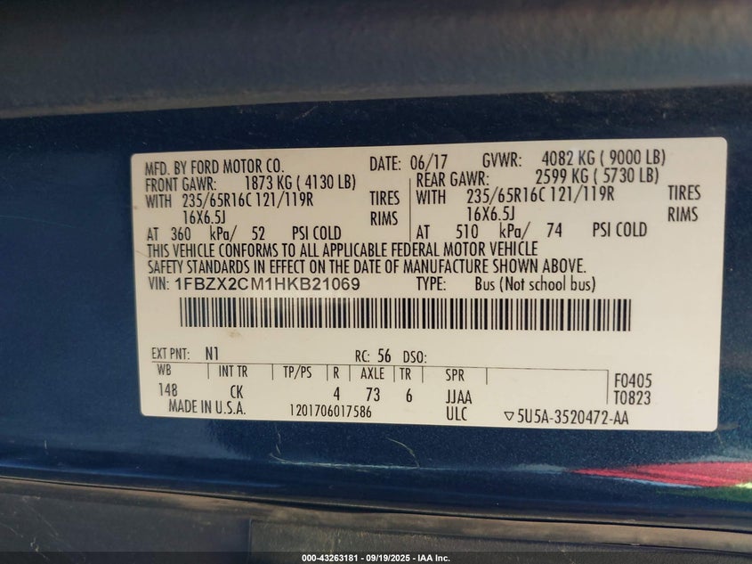 2017 FORD TRANSIT-350 XLT 1FBZX2CM1HKB21069