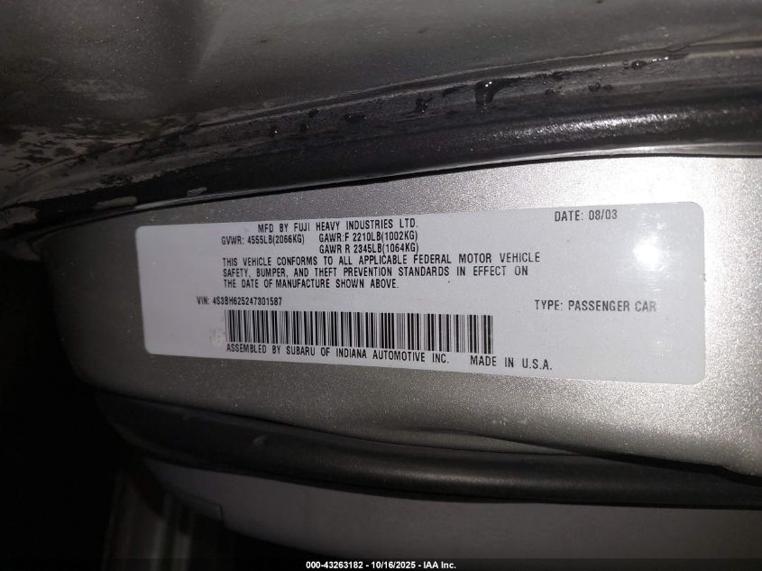 2004 Subaru Legacy L/L W/35Th Anniversary Edition VIN: 4S3BH625247301587 Lot: 43263182