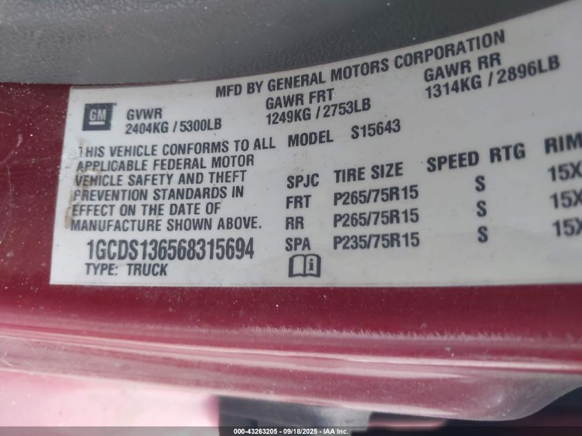 2006 Chevrolet Colorado Lt VIN: 1GCDS136568315694 Lot: 43263205