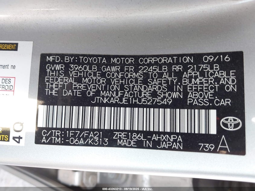 2017 Toyota Corolla Im VIN: JTNKARJE1HJ527549 Lot: 43263213
