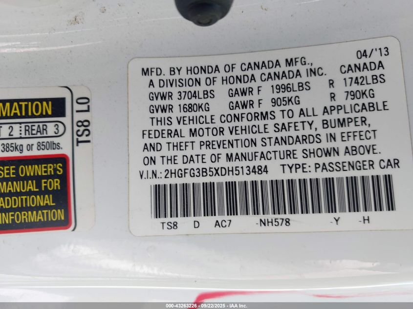 2013 Honda Civic Lx VIN: 2HGFG3B5XDH513484 Lot: 43263226