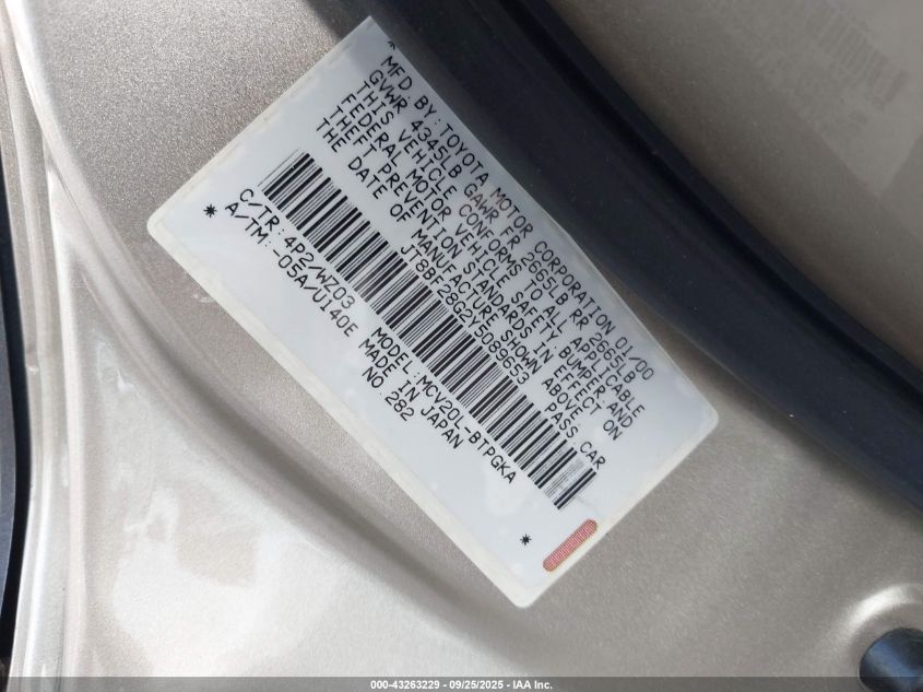 2000 Lexus Es 300 VIN: JT8BF28G2Y5089653 Lot: 43263229