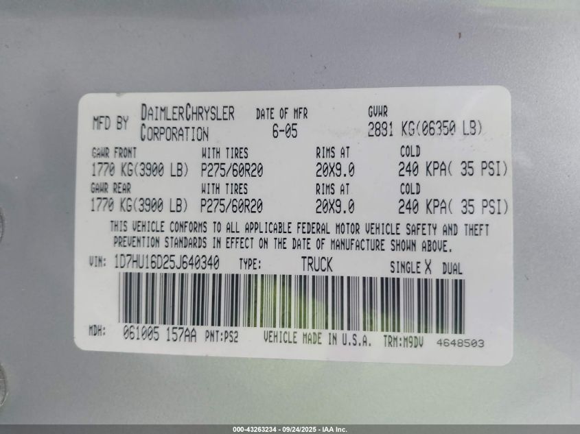 2005 Dodge Ram 1500 Slt/Laramie VIN: 1D7HU16D25J640340 Lot: 43263234