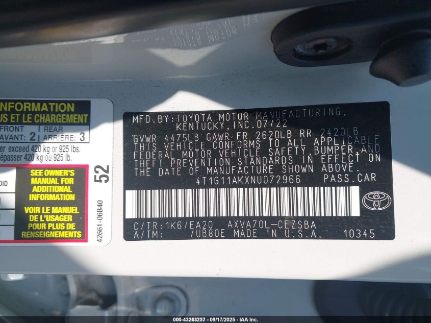 2022 Toyota Camry Se VIN: 4T1G11AKXNU072966 Lot: 43263237