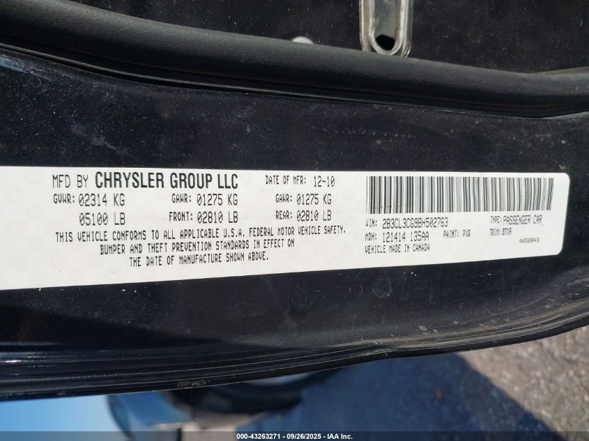 2011 Dodge Charger VIN: 2B3CL3CG9BH502763 Lot: 43263271