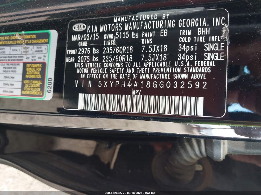 2016 Kia Sorento 2.0T Ex VIN: 5XYPH4A18GG032592 Lot: 43263272