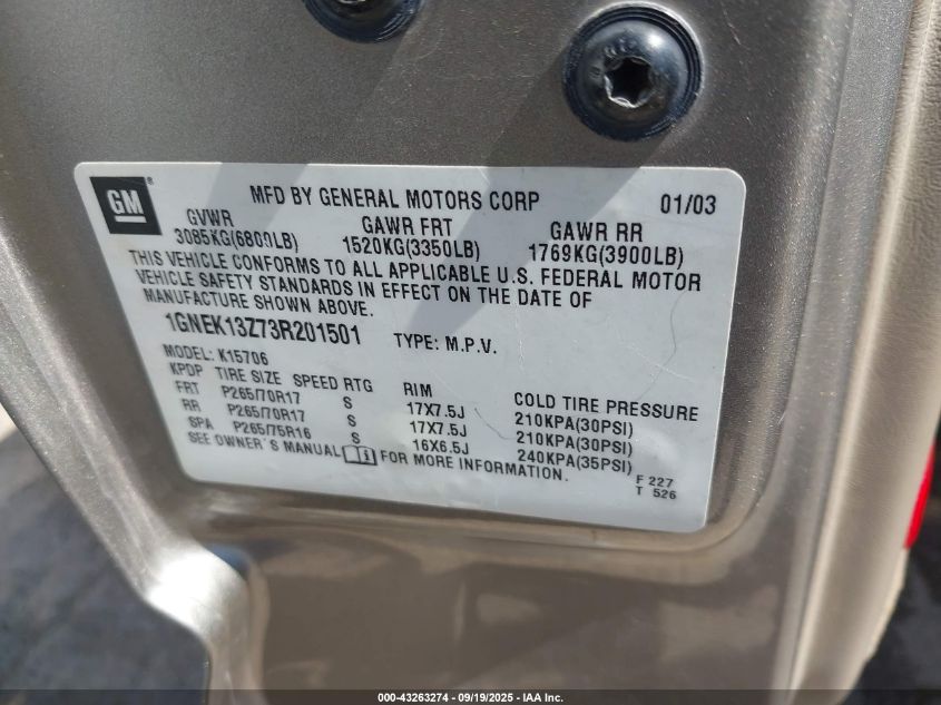 2003 Chevrolet Tahoe Z71 VIN: 1GNEK13Z73R201501 Lot: 43263274