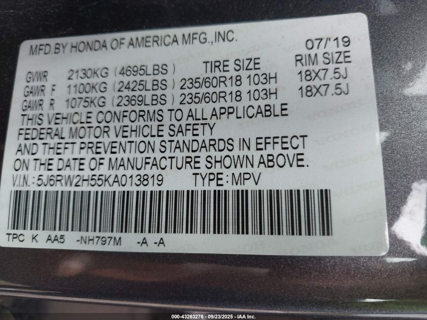 2019 Honda Cr-V Ex VIN: 5J6RW2H55KA013819 Lot: 43263276