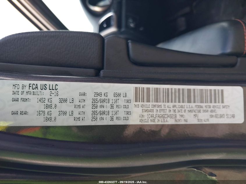 2016 Jeep Grand Cherokee 75Th Anniversary VIN: 1C4RJFAG0GC349218 Lot: 43263277