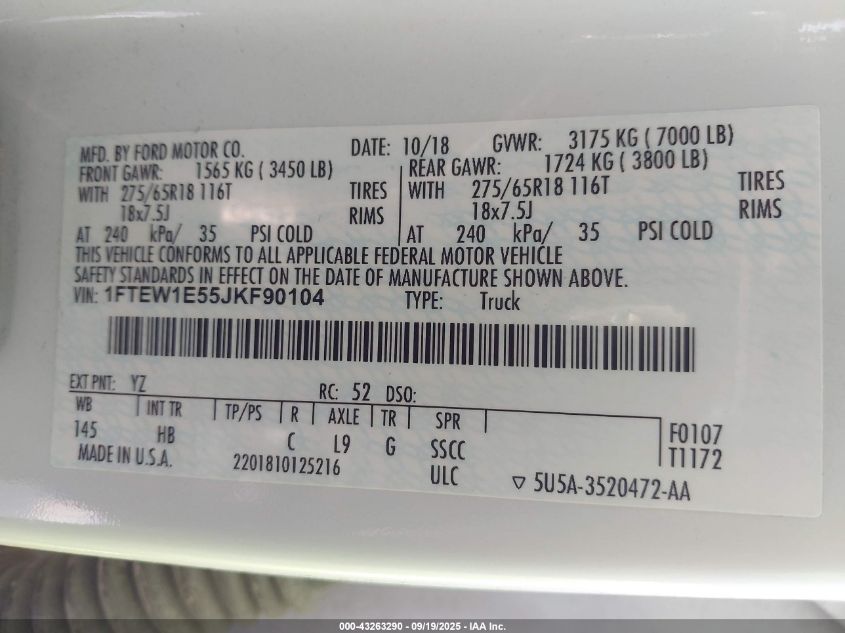 2018 Ford F-150 Lariat VIN: 1FTEW1E55JKF90104 Lot: 43263290