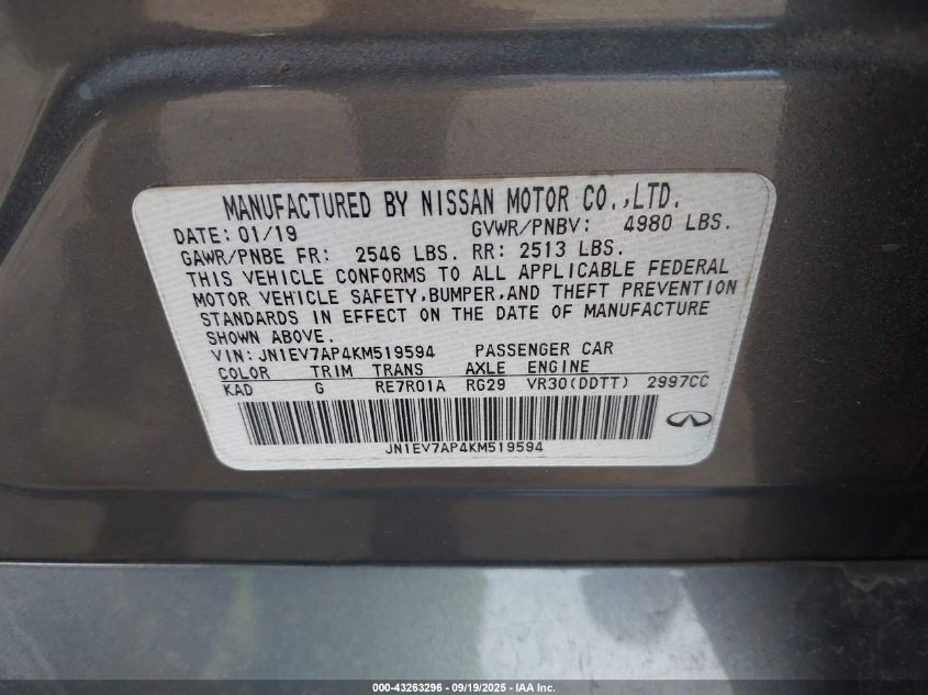 2019 Infiniti Q50 3.0T Sport VIN: JN1EV7AP4KM519594 Lot: 43263296