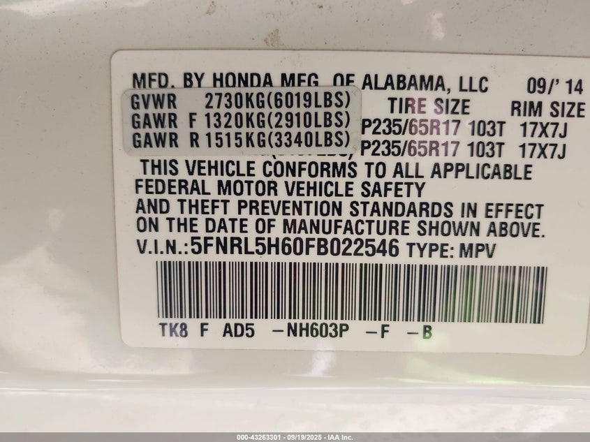 2015 Honda Odyssey Ex-L VIN: 5FNRL5H60FB022546 Lot: 43263301