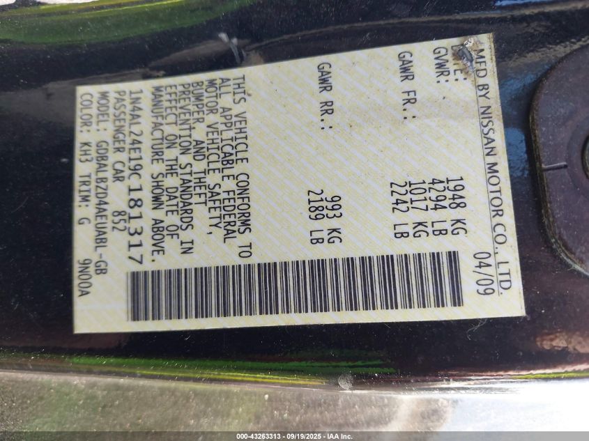 2009 Nissan Altima 2.5 S VIN: 1N4AL24E19C181317 Lot: 43263313