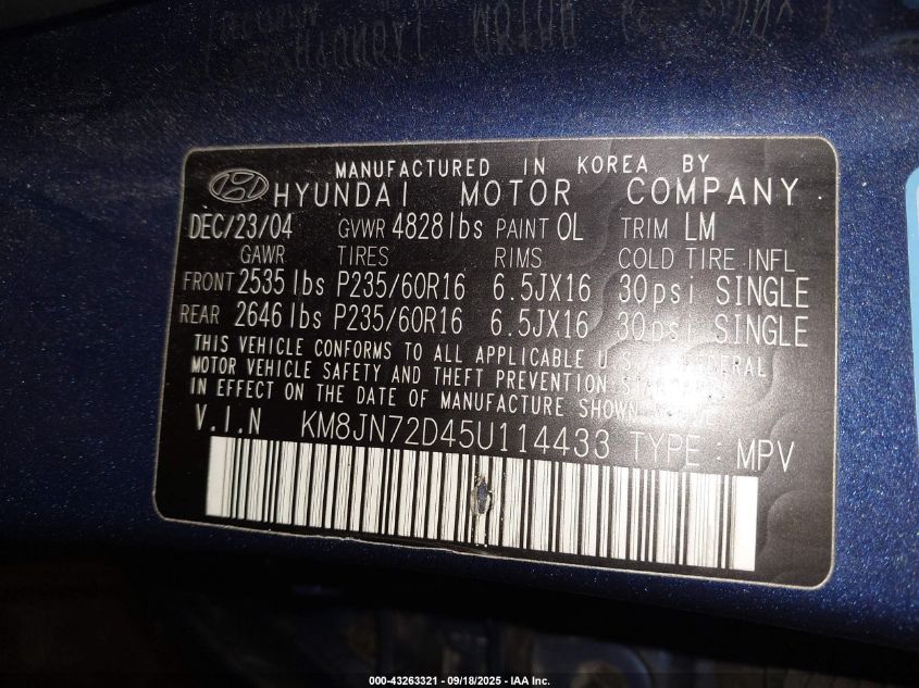 2005 Hyundai Tucson Gls/Lx VIN: KM8JN72D45U114433 Lot: 43263321