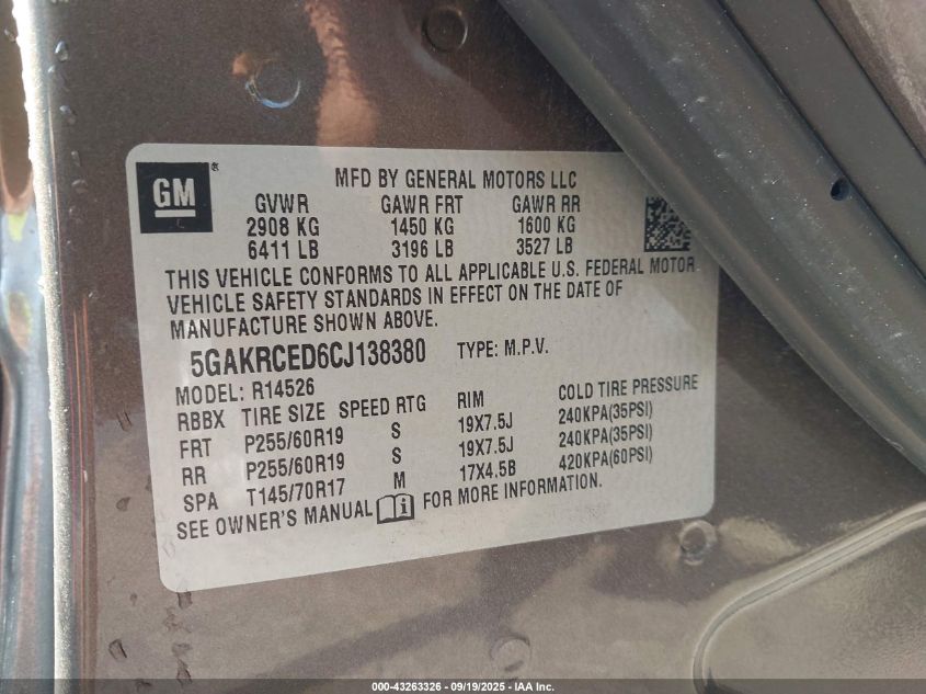 2012 Buick Enclave Leather VIN: 5GAKRCED6CJ138380 Lot: 43263326