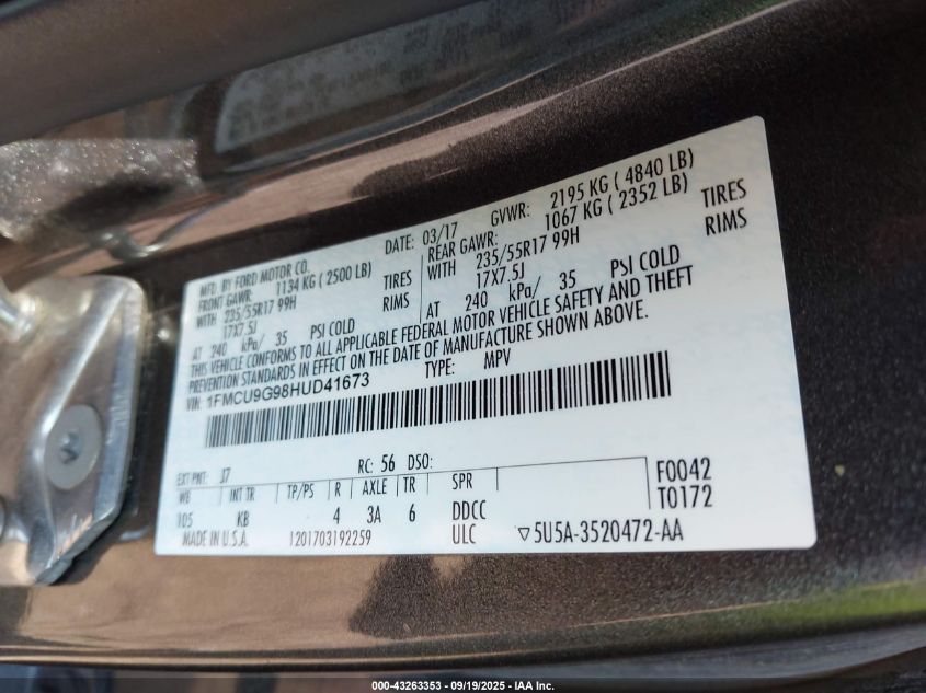 2017 Ford Escape Se VIN: 1FMCU9G98HUD41673 Lot: 43263353