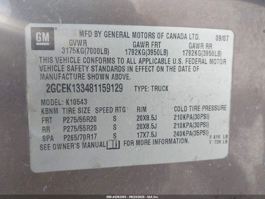 2008 Chevrolet Silverado 1500 Lt2 VIN: 2GCEK133481159129 Lot: 43263383