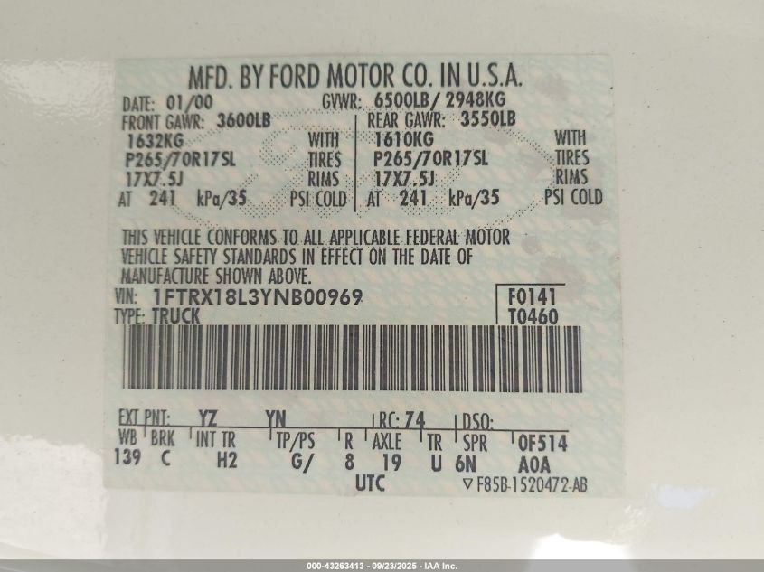 2000 Ford F-150 Lariat/Work Series/Xl/Xlt VIN: 1FTRX18L3YNB00969 Lot: 43263413