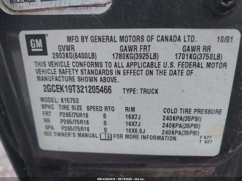 2002 Chevrolet Silverado 1500 Ls VIN: 2GCEK19T321205466 Lot: 43263418