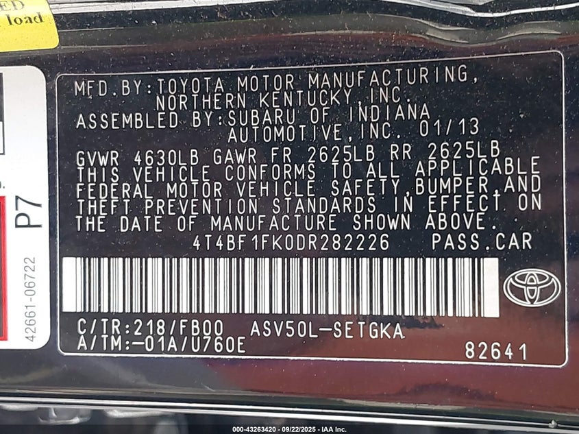 2013 Toyota Camry Xle VIN: 4T4BF1FK0DR282226 Lot: 43263420