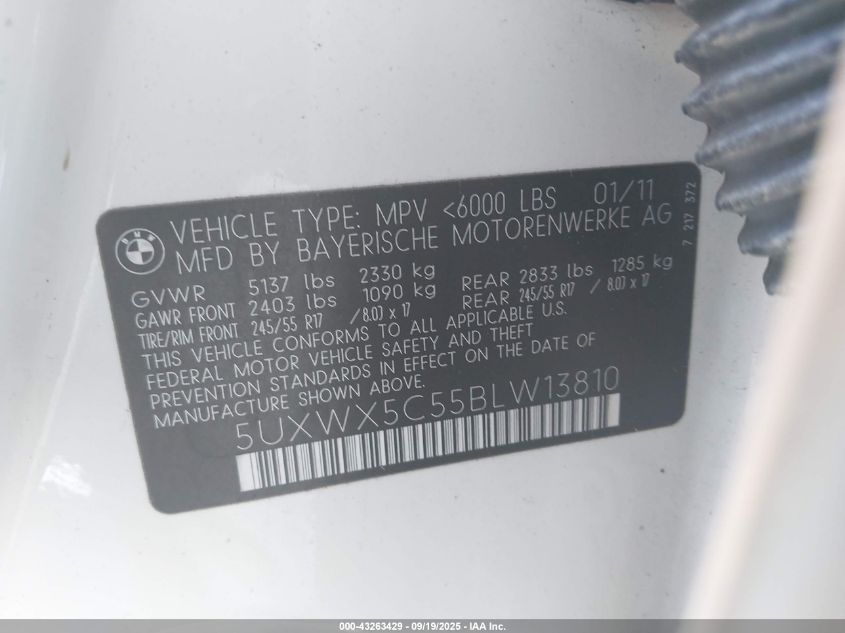 2011 BMW X3 xDrive28I VIN: 5UXWX5C55BLW13810 Lot: 43263429