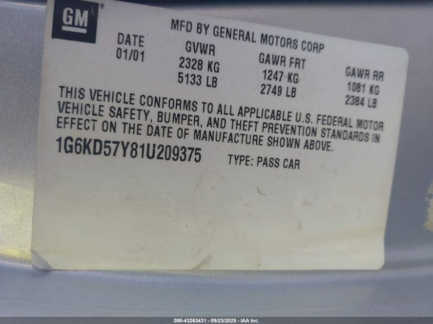 2001 Cadillac Deville Standard VIN: 1G6KD57Y81U209375 Lot: 43263431