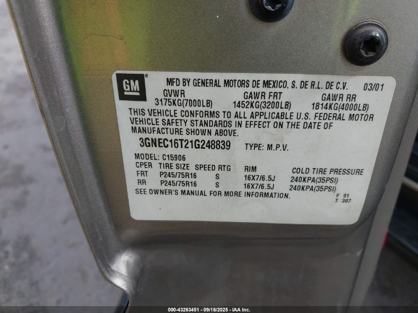 2001 Chevrolet Suburban C1500 VIN: 3GNEC16T21G248839 Lot: 43263451