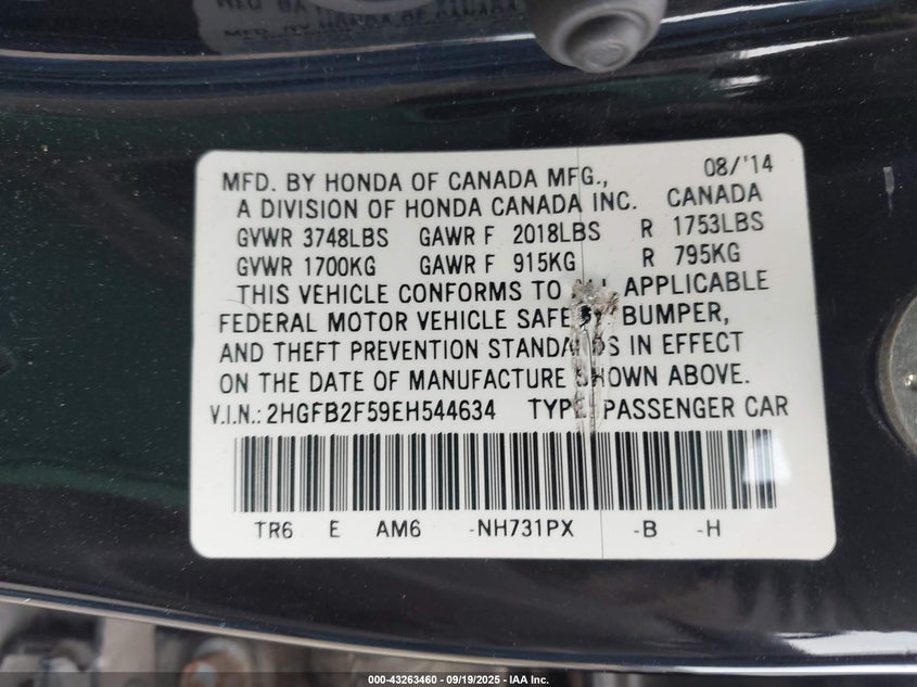2014 Honda Civic Lx VIN: 2HGFB2F59EH544634 Lot: 43263460