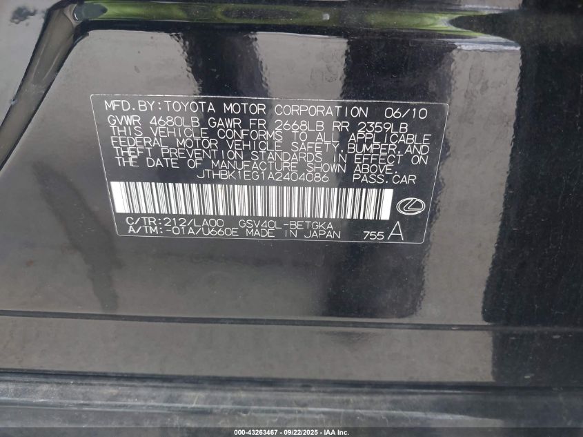 2010 Lexus Es 350 VIN: JTHBK1EG1A2404086 Lot: 43263467