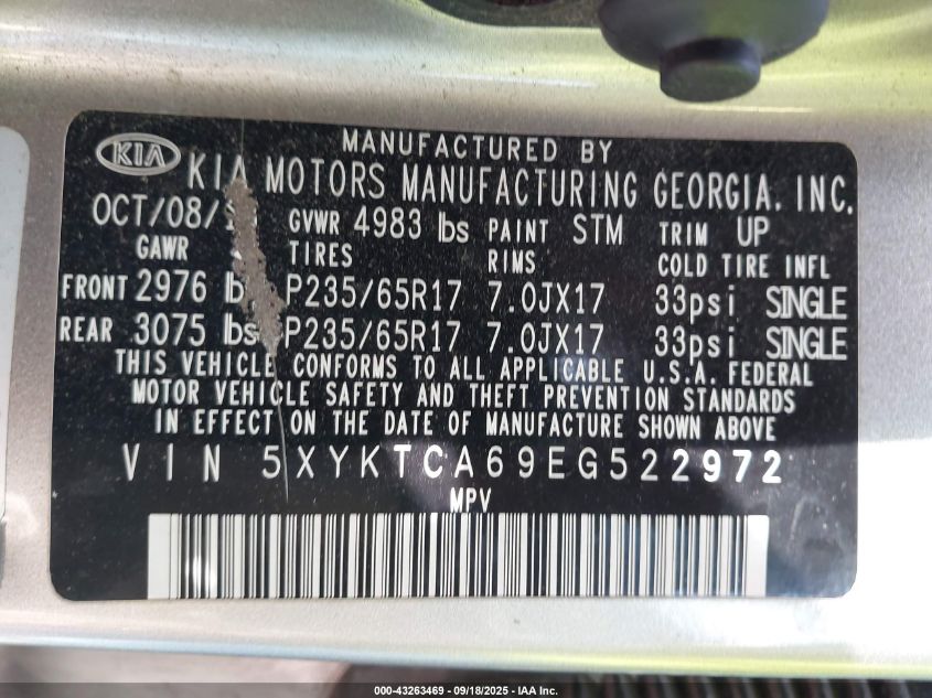 2014 Kia Sorento Lx VIN: 5XYKTCA69EG522972 Lot: 43263469