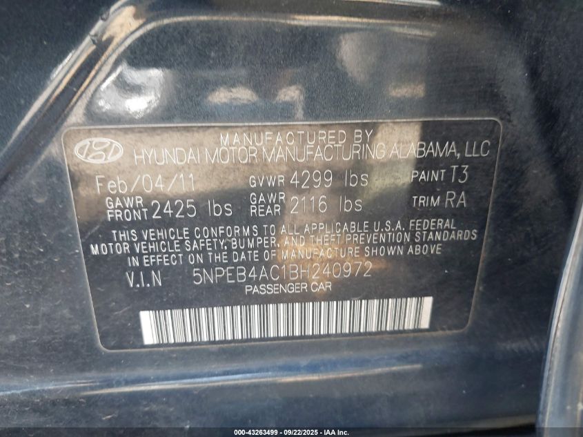 2011 Hyundai Sonata Gls VIN: 5NPEB4AC1BH240972 Lot: 43263499