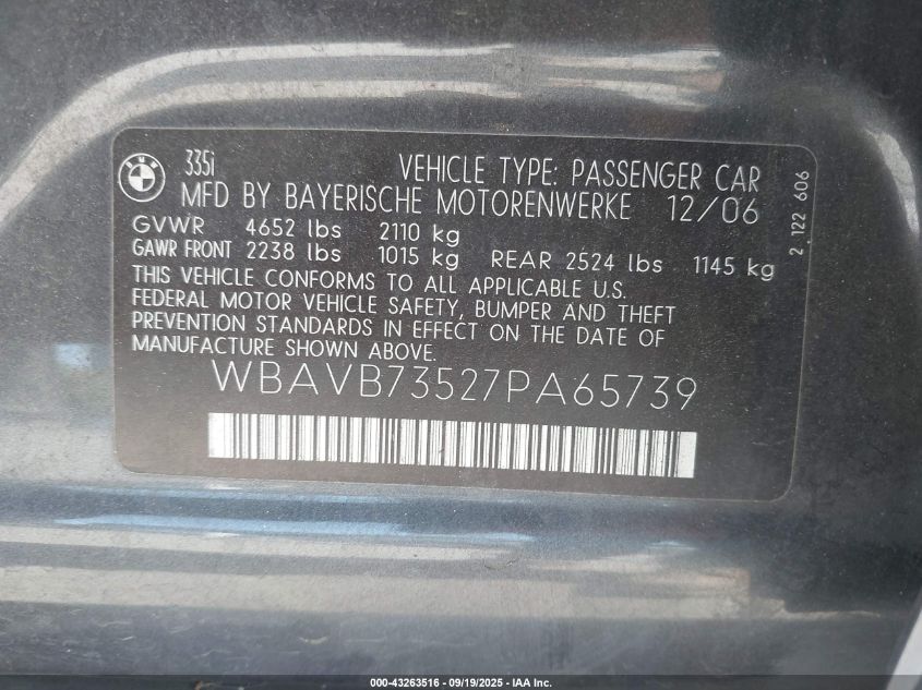 2007 BMW 335I VIN: WBAVB73527PA65739 Lot: 43263516
