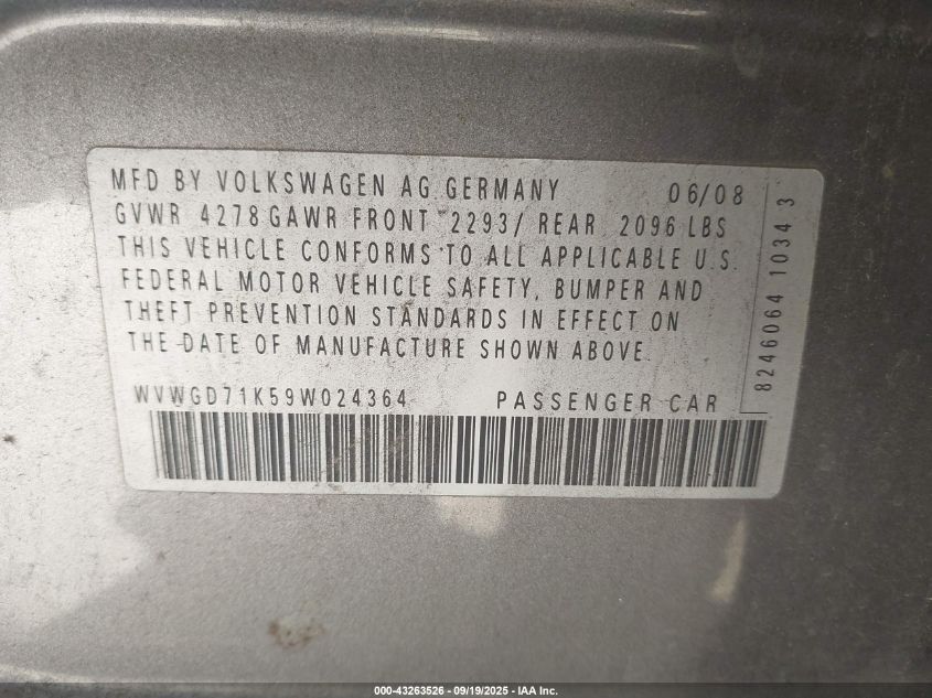 2009 Volkswagen Gti 4-Door VIN: WVWGD71K59W024364 Lot: 43263526