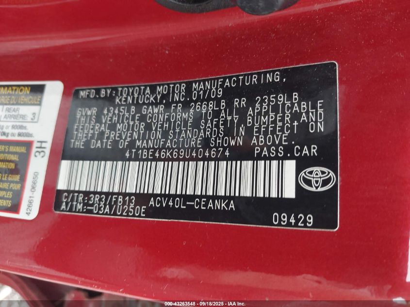 2009 Toyota Camry Le VIN: 4T1BE46K69U404674 Lot: 43263548