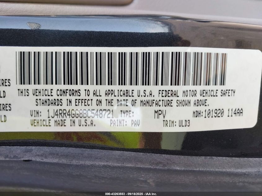 2011 Jeep Grand Cherokee Laredo VIN: 1J4RR4GG8BC548721 Lot: 43263553
