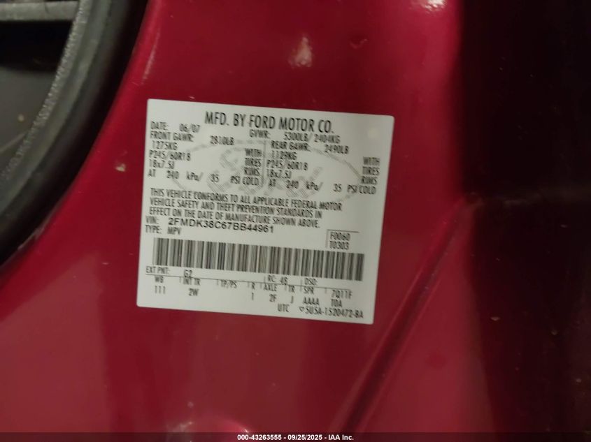 2007 Ford Edge Sel VIN: 2FMDK38C67BB44961 Lot: 43263555