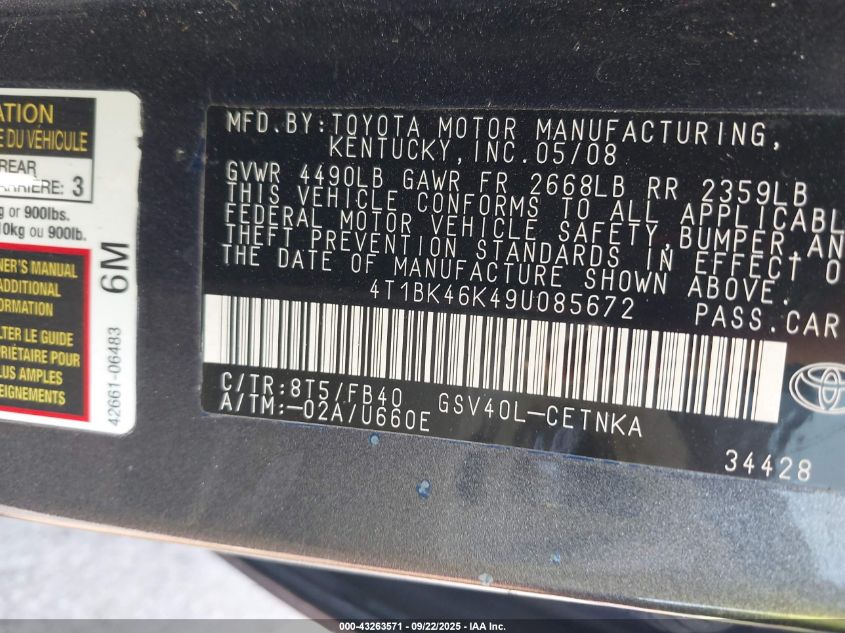 2009 Toyota Camry Le V6 VIN: 4T1BK46K49U085672 Lot: 43263571