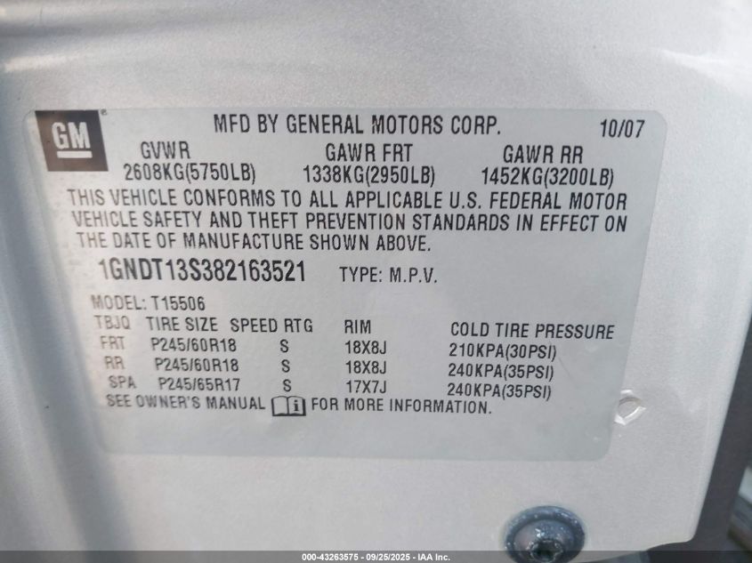 2008 Chevrolet Trailblazer Lt VIN: 1GNDT13S382163521 Lot: 43263575