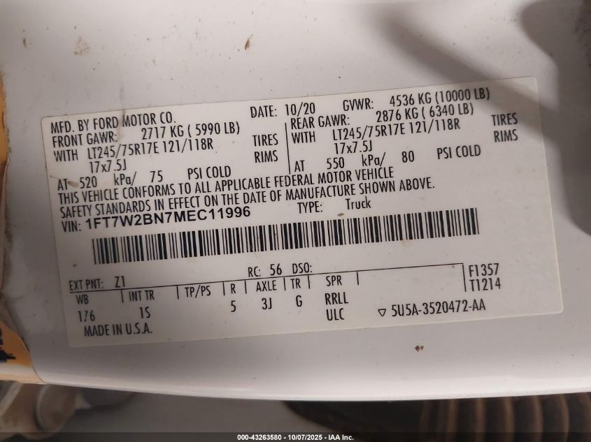 2021 Ford F250 Super Duty VIN: 1FT7W2BN7MEC11996 Lot: 43263580